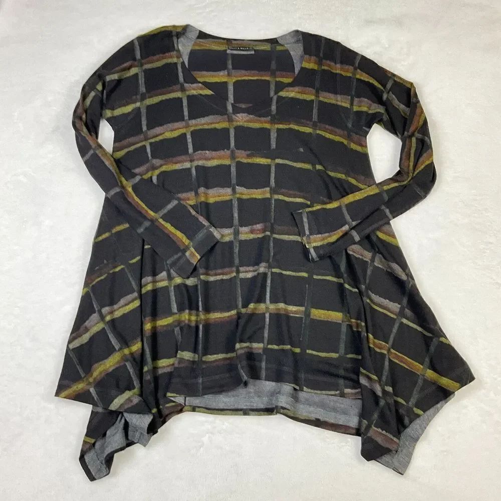 Nally & Millie USA Knit Tunic Square Print Lagenlook Top Long Sleeve Shirt XS